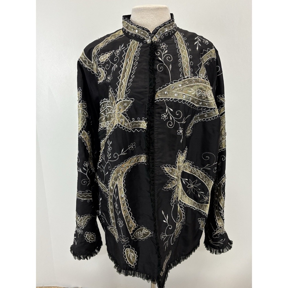 Vtg Anage Too Silk Jacket Sz 2X Plus Black Beaded Lined Paisley Cruise Artsy
